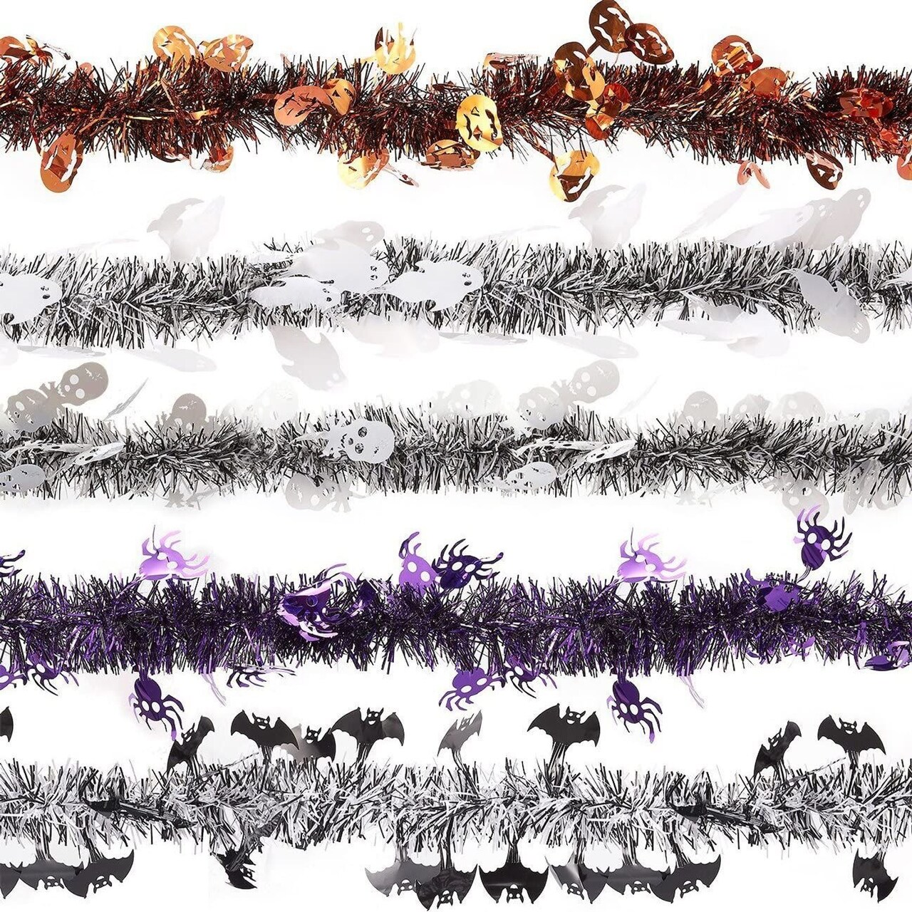 Juvale 5-Pack Halloween Tinsel Garland Decorations, Spider, Pumpkin, Bat, Ghost, Spooky Halloween Garland for Costume Party, Masquerade Ball and Haunted House (2.01m)